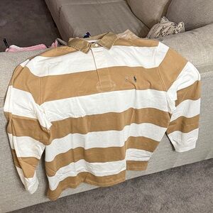 Ralph Lauren Men's Wide Tan and White Striped Rugby Polo